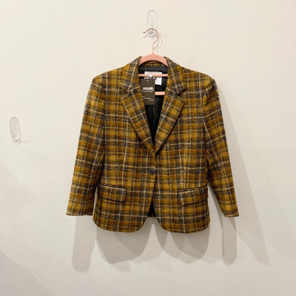 QL2 Beata Plaid Wool Blend Single Breasted Blazer Brown Womens Size 42 IT / US 6